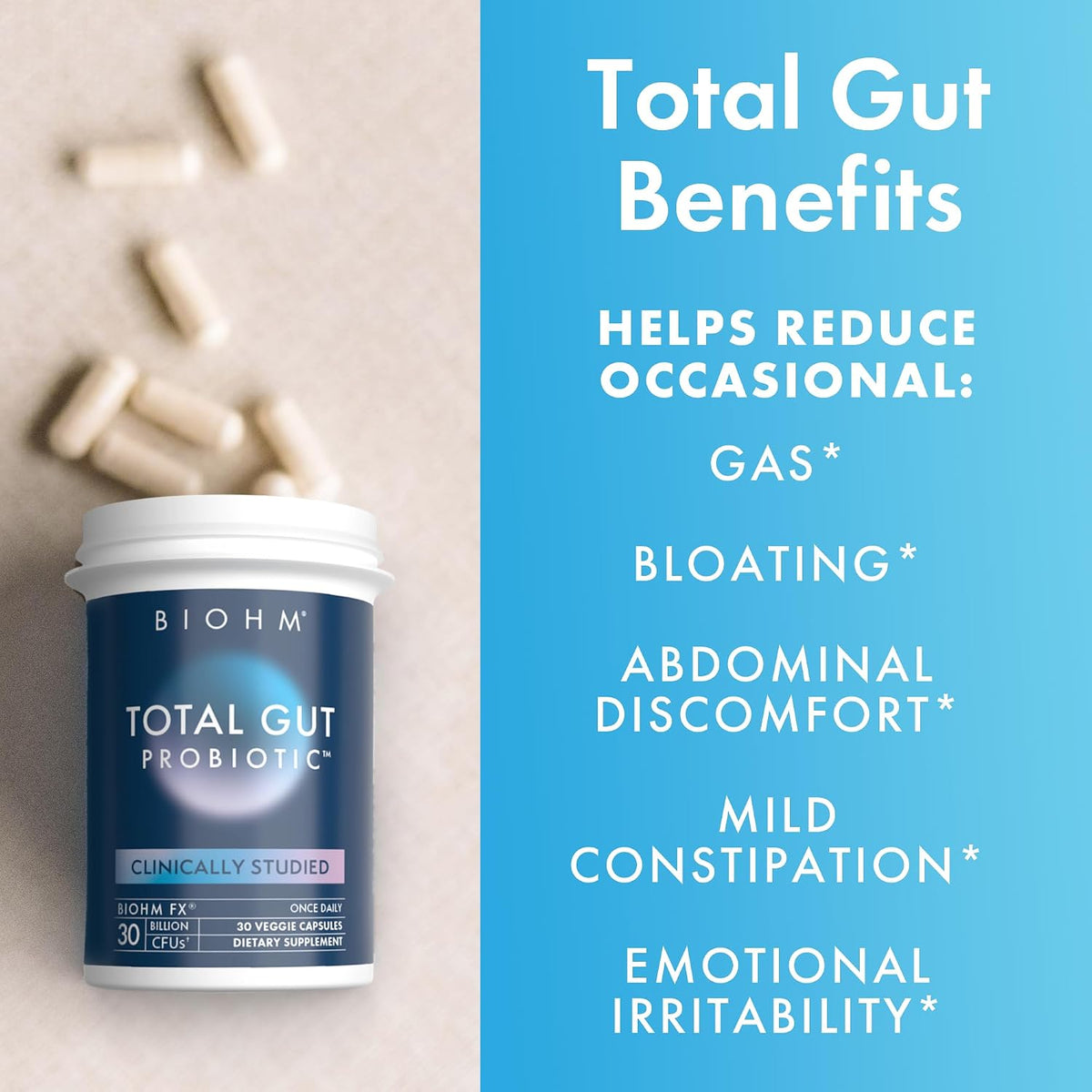 BIOHM Total Probiotic, 30 Billion CFU Daily Probiotics for Women & Men (30 Count) Helps Reduce Occasional Gas & Bloating, Supports Digestion & Total Gut Health, Non-GMO, Vegan