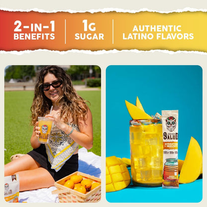 Salud 2-Pack | 2-in-1 Hydration + Immunity (Mango) & Energy + Focus (Pineapple Mango) – 15 Servings Each, Agua Fresca Drink Mix, Non-GMO, Gluten Free, Vegan, Low Calorie, 1g of Sugar