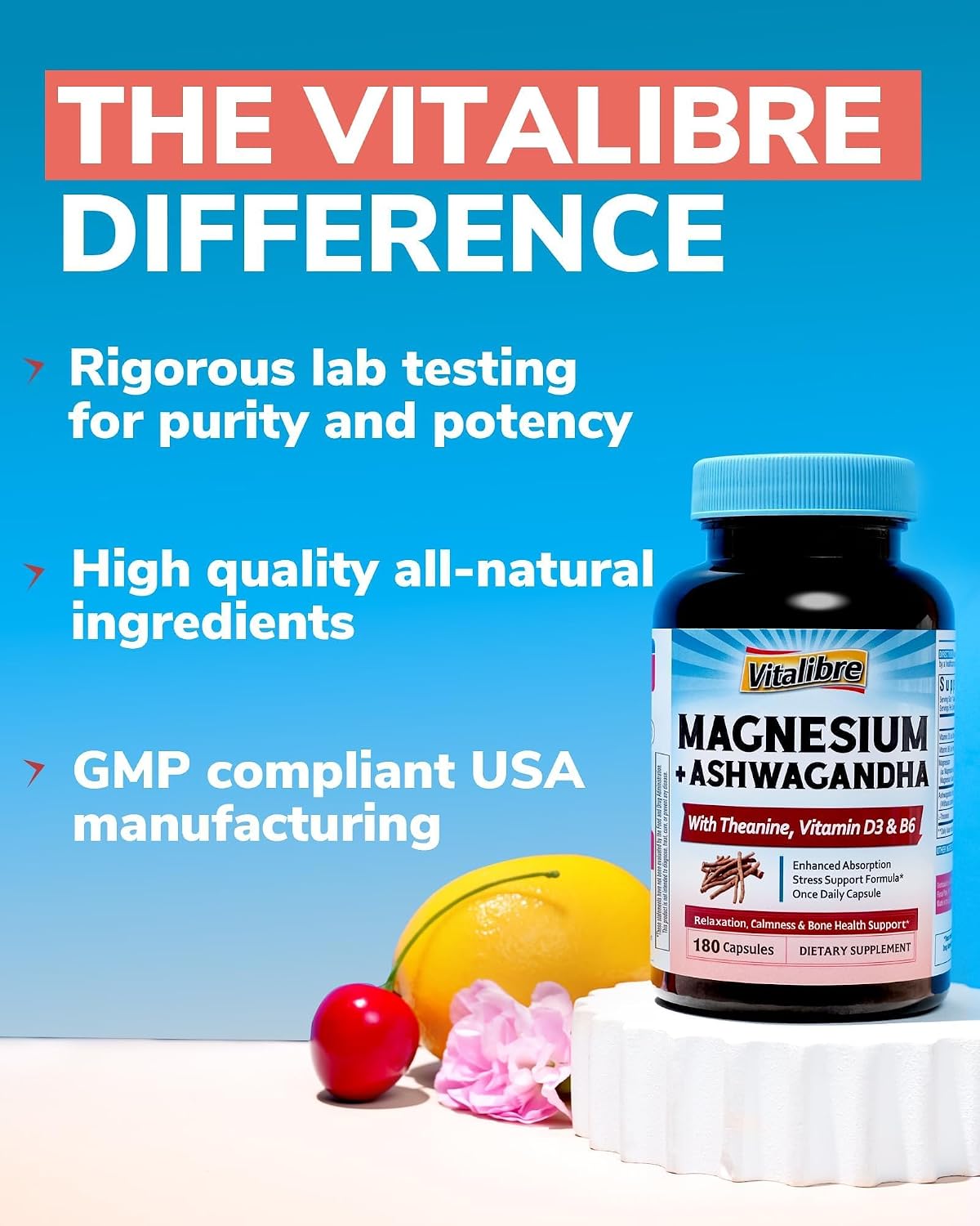 Vitalibre Magnesium Complex with Ashwagandha, L-Theanine & Vitamin D3, B6 | Stress Relief, Bone & Relaxation Support - w/ Magnesium Glycinate, Citrate, Malate, Taurate - Non-GMO, 90 Capsules