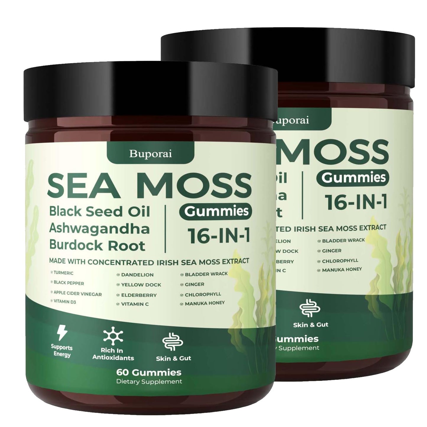 Sea Moss Gummies 16-1, Black Seed Oil Ashwagandha Turmeric Bladder Wrack Vitamin C Vitamin D3 Elderberry Manuka Dandelion Yellow Dock Apple Cider Vinegar for Men & Women
