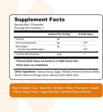 Create Creatine Monohydrate Gummies for Men & Women, Boost Focus, Strength, and Endurance, Anti-Melting Formula, Vegan, Gluten-Free, Non-GMO, 1.5g of Creatine per Gummy (Orange)