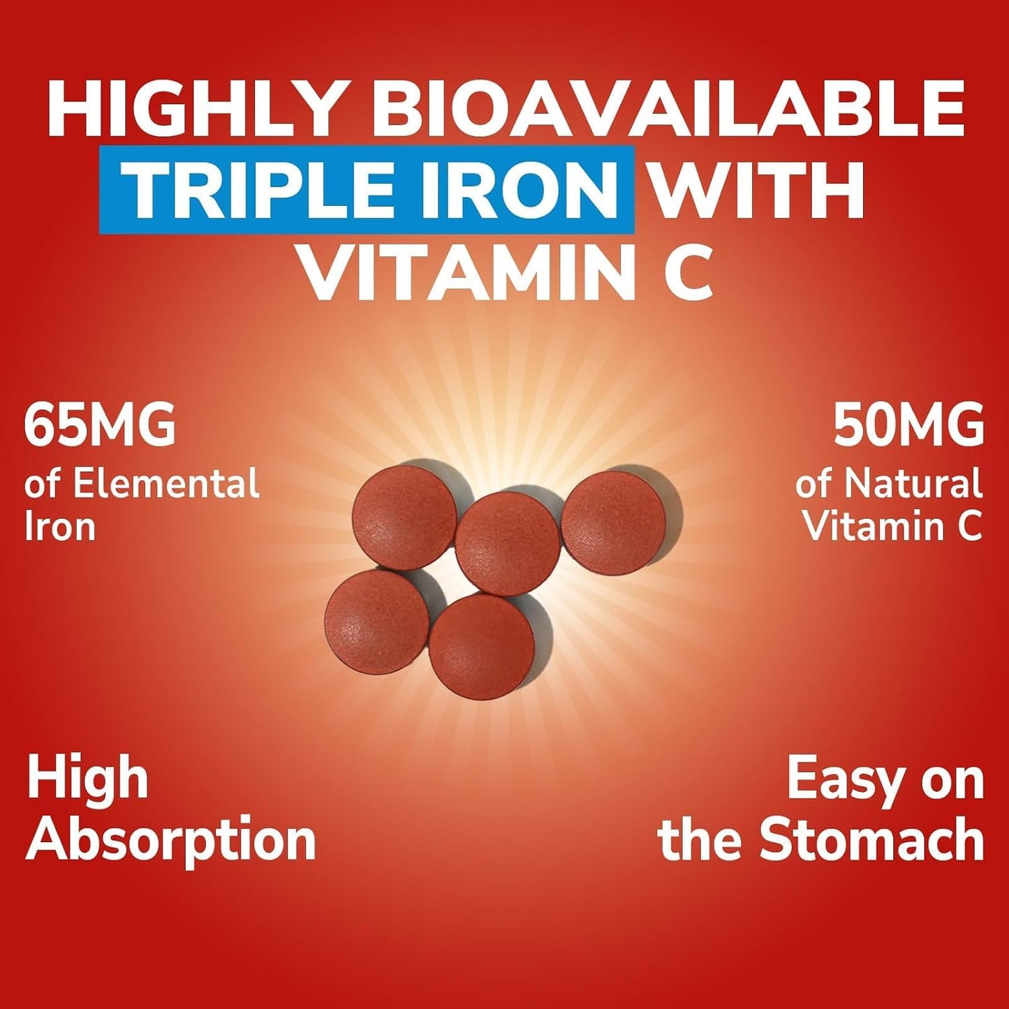 Iron Supplement, 65mg Complex Ferrous Bisglycinate, Sulfate, Carbonyl Iron | with Natural Vitamin C, Stomach Friendly Iron Pills for Blood Building, High Absorption, Non GMO, 60 Vegan Tabs