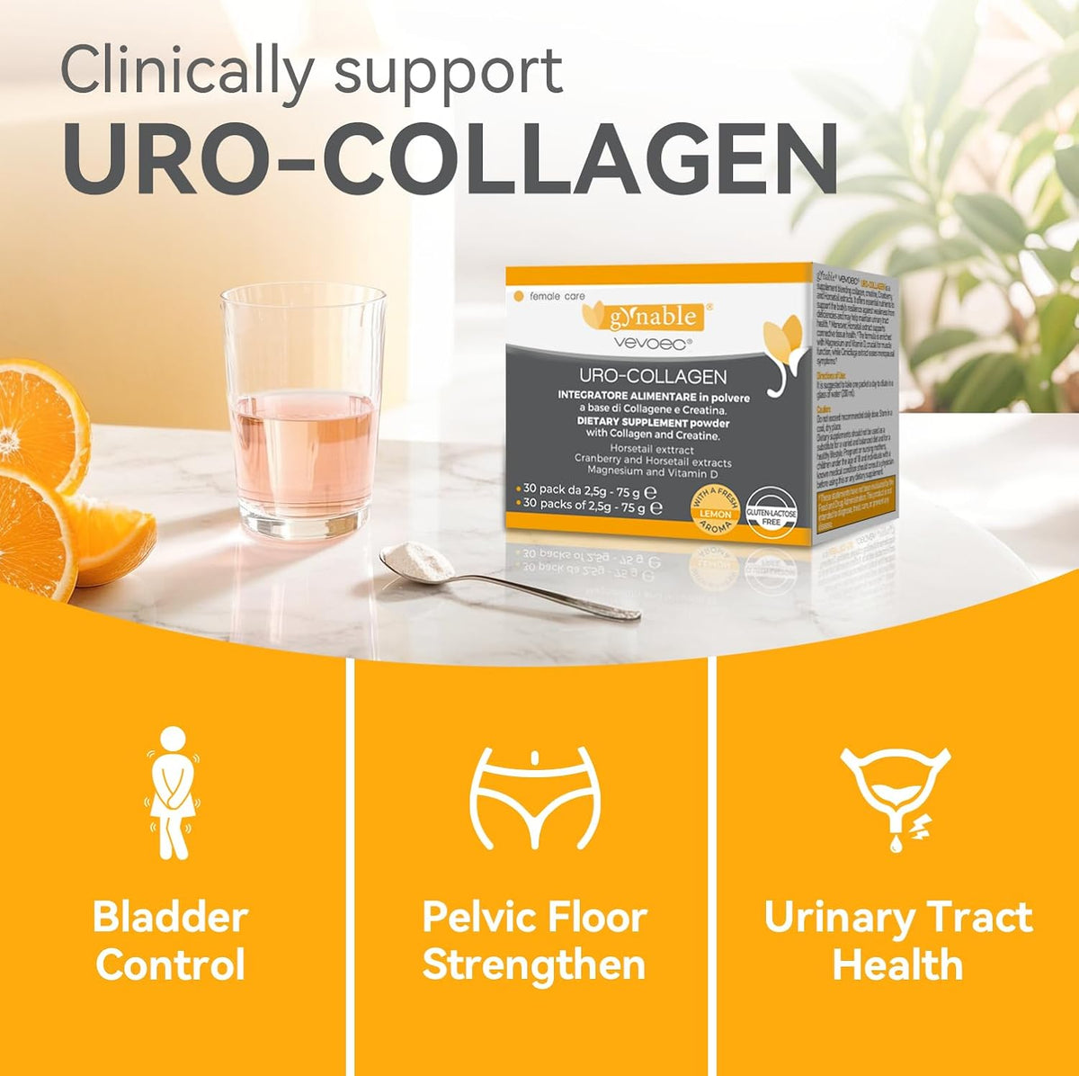 Gynable UROCollagen,Bladder Control Supplement for Women,Urinary Tract Health, Strengthen Pelvic Floor Muscles,Urinary Leakage,Female Care,with Creatine,Natural Lemon Flavored