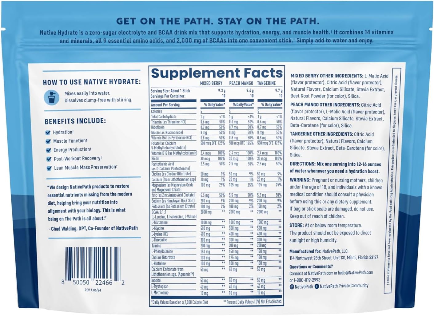 NativePath Hydrate Electrolyte Stick Packs Variety Pack, 30 Count | Mixed Berry, Peach Mango & Tangerine Sticks, 14 Vitamins, 9 Aminos & 2000mg BCAAs, Zero Sugar, Keto