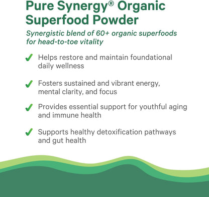 PURE SYNERGY Organic Superfood Powder | Green Superfood Powder | Whole Food Supplement with Organic Greens, Spirulina and Mushrooms | for Energy, Healthy Aging, and Immune Health (12.5 oz)