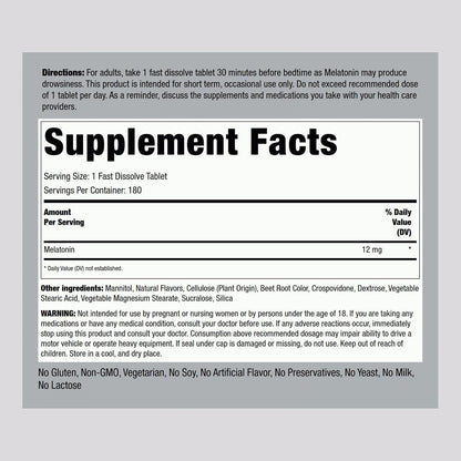 Piping Rock Melatonin 12 mg | 180 Fast Dissolve Tablets | Berry Flavor | Non-GMO, Gluten Free Supplement