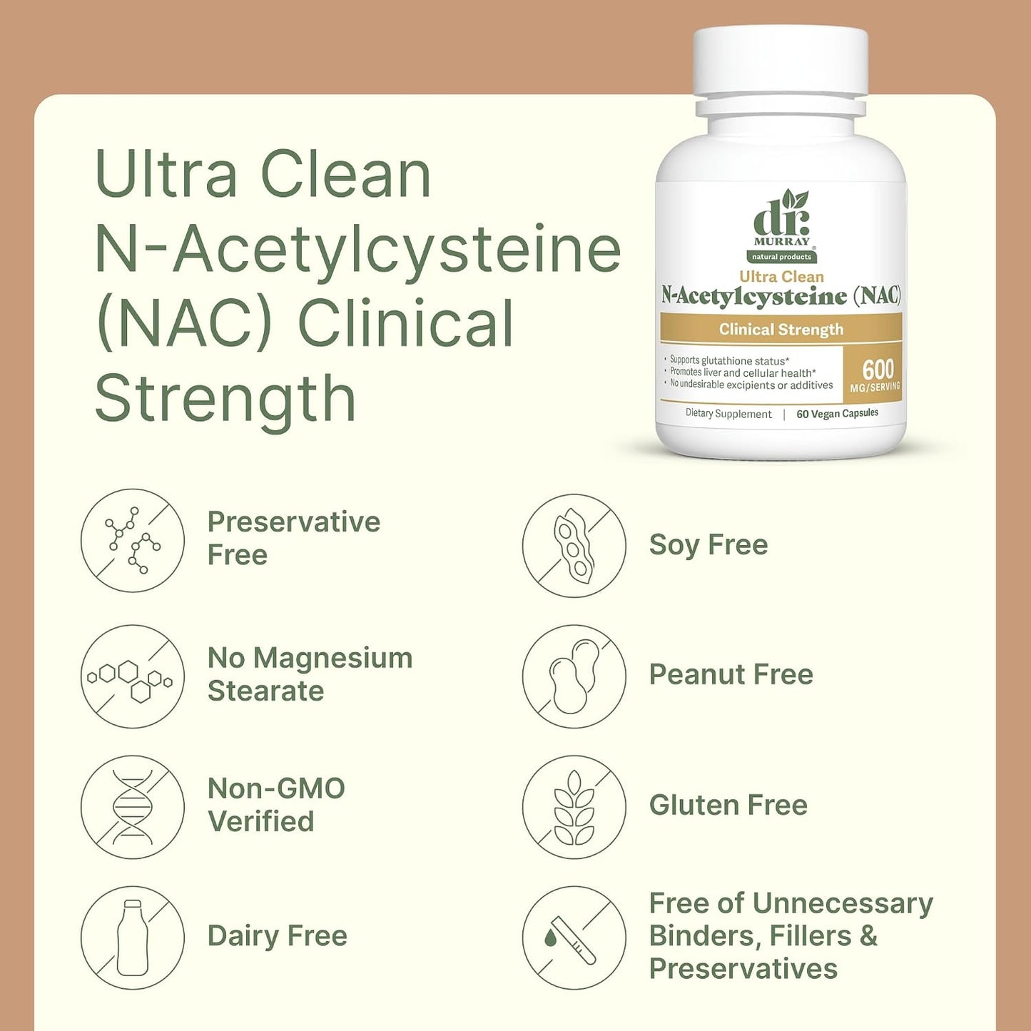Dr. Murray's Ultra Clean N-Acetylcysteine NAC Supplement 600 mg - Respiratory & Liver Support | Vegan | Non-GMO | Gluten Free | Third-Party Tested | 120 Capsules