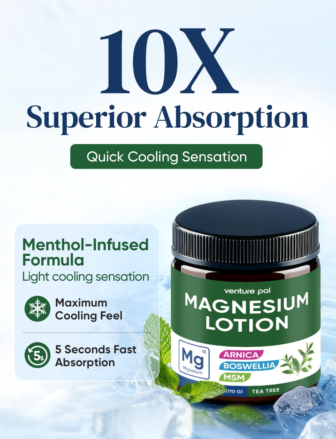 Magnesium Lotion with Arnica, MSM & Boswellia – Safe for Kids – 6 fl oz | Cooling Magnesium Cream – Lightweight Moisturizing Lotion for Legs & Feet