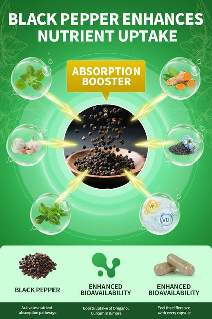 Oil of Oregano Capsules with Black Seed Oil, Garlic, Turmeric, Holy Basil | High Absorption – Immune, Digestive & Respiratory – 60 Caps, 2 Month Supply