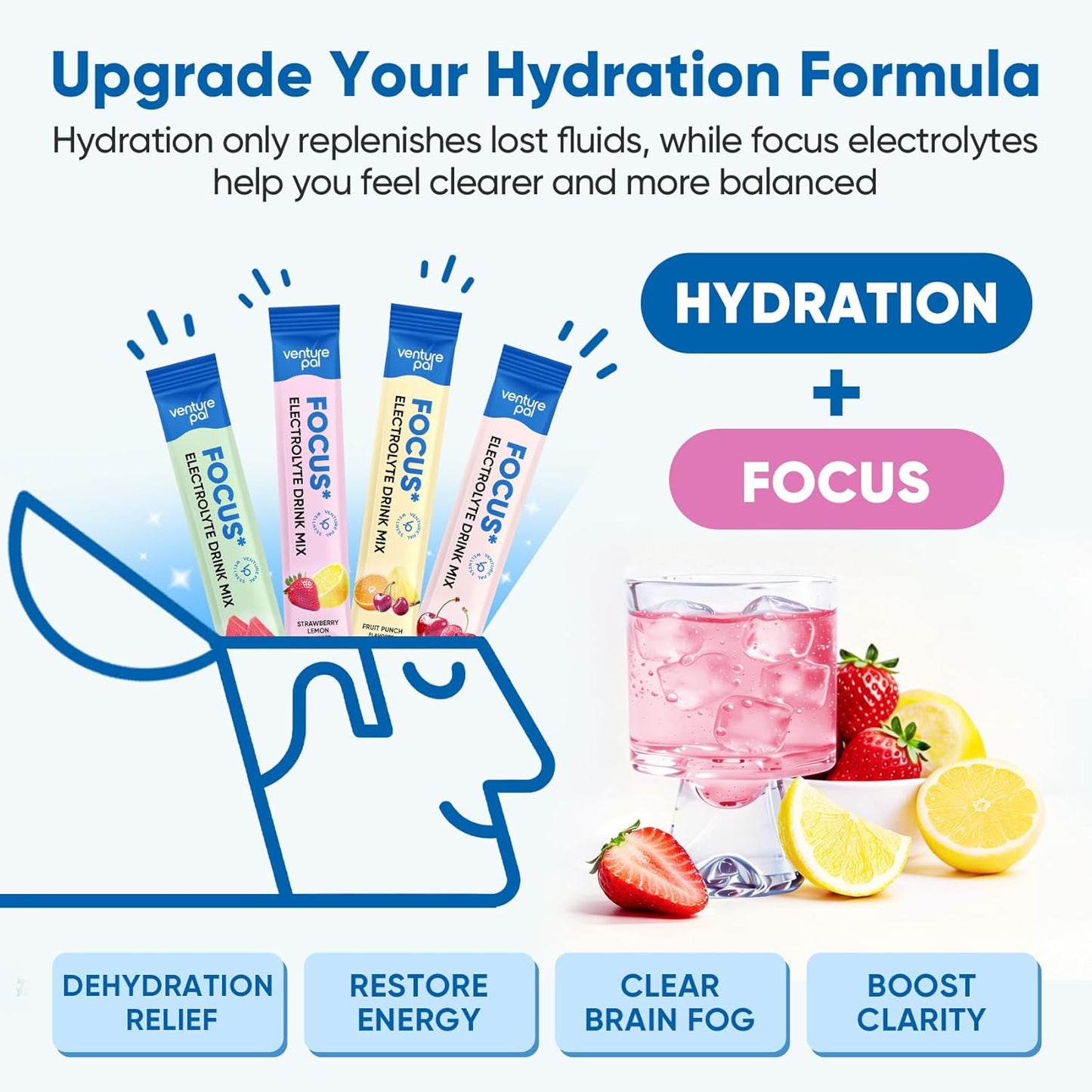Venture Pal 2-in-1 Hydration Electrolytes Bundle – Focus & Immune Support Powder Packets, 7 Electrolytes, Vitamins, Magnesium, Lion’s Mane, L-Theanine, Elderberry, Sugar Free Drink Mix, 32 Sticks