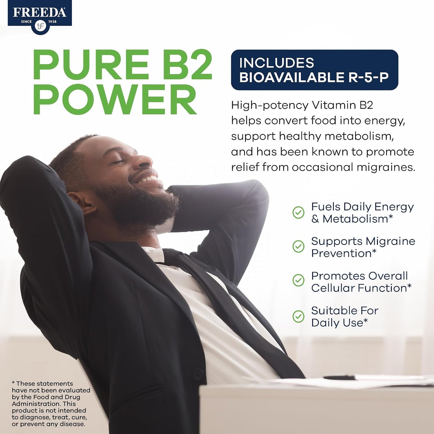 FREEDA Vitamin B2 400mg Riboflavin Supplement - 60 Vegan Tablets | High-Potency B2 Vitamin with Riboflavin-5-Phosphate to Support Energy, Metabolism, & Nervous System Health