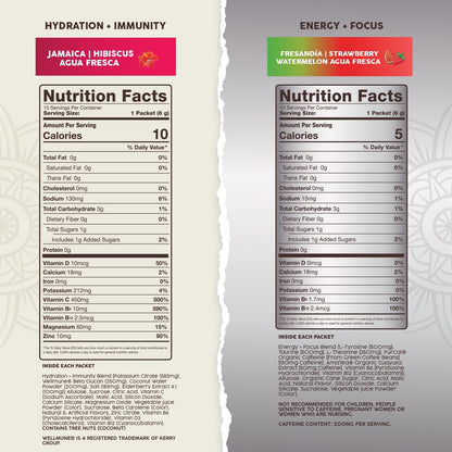 Salud 2-Pack | 2-in-1 Hydration + Immunity (Hibiscus) & Energy + Focus (Strawberry Watermelon) – 15 Servings Each, Agua Fresca Drink Mix, Non-GMO, Gluten Free, Vegan, Low Calorie, 1g of Sugar