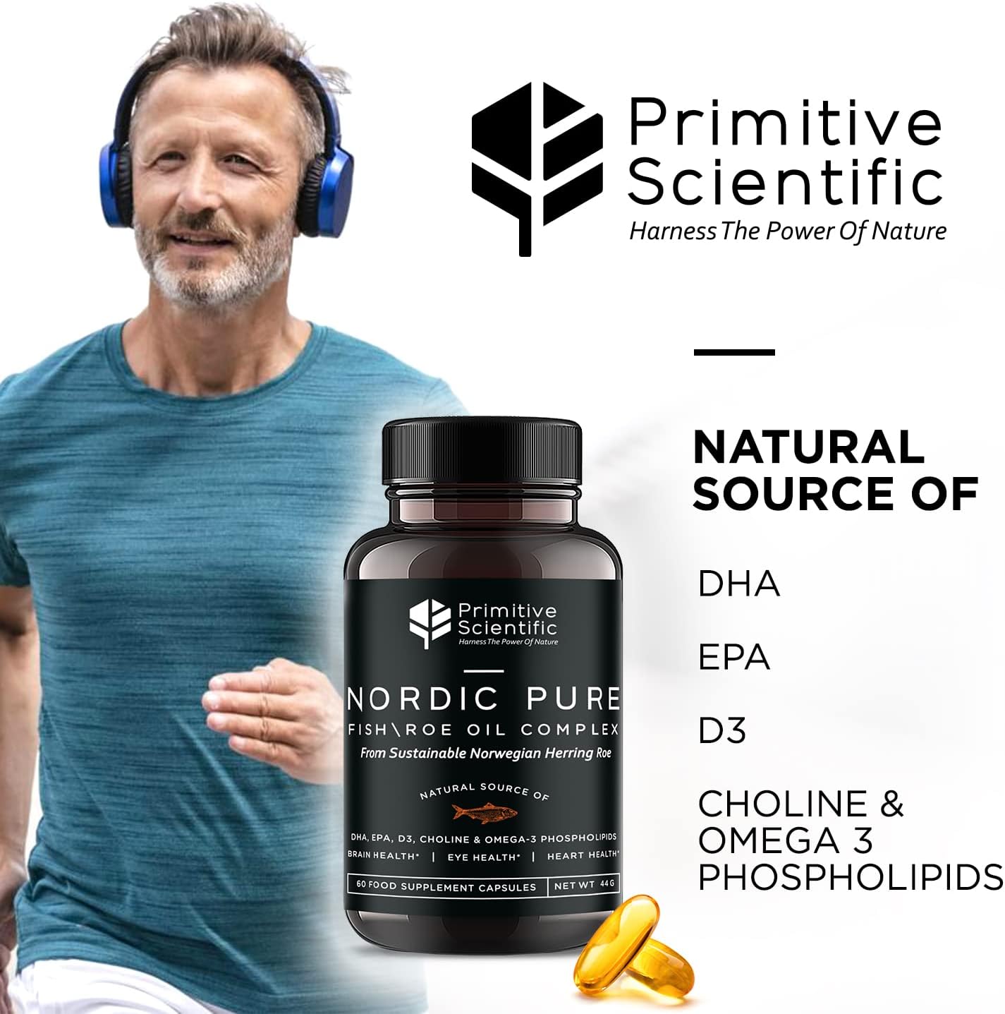 Primitive Scientific Nordic Pure Oil Complex (60 Fish Oil Capsules) for Brain, Immunity & Vision - Heart Supplement w/EPA, DHA, Vitamin D3, Choline - Omega 3 Supplements