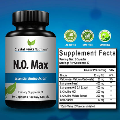 N.O. Max Nitric Oxide Supplement - L Arginine, Citrulline Malate, AAKG, Beta Alanine Amino acids - 60 Capsules