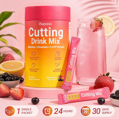 Cutting Mix, Cutting Drink Mix, Berberine, Chromium, FOS, Yerba Mate | & 5-HTP, Energy & Gut Health, Metabolic Support, Vegan, Sugar-Free, Non-GMO, 30 Stick Packs