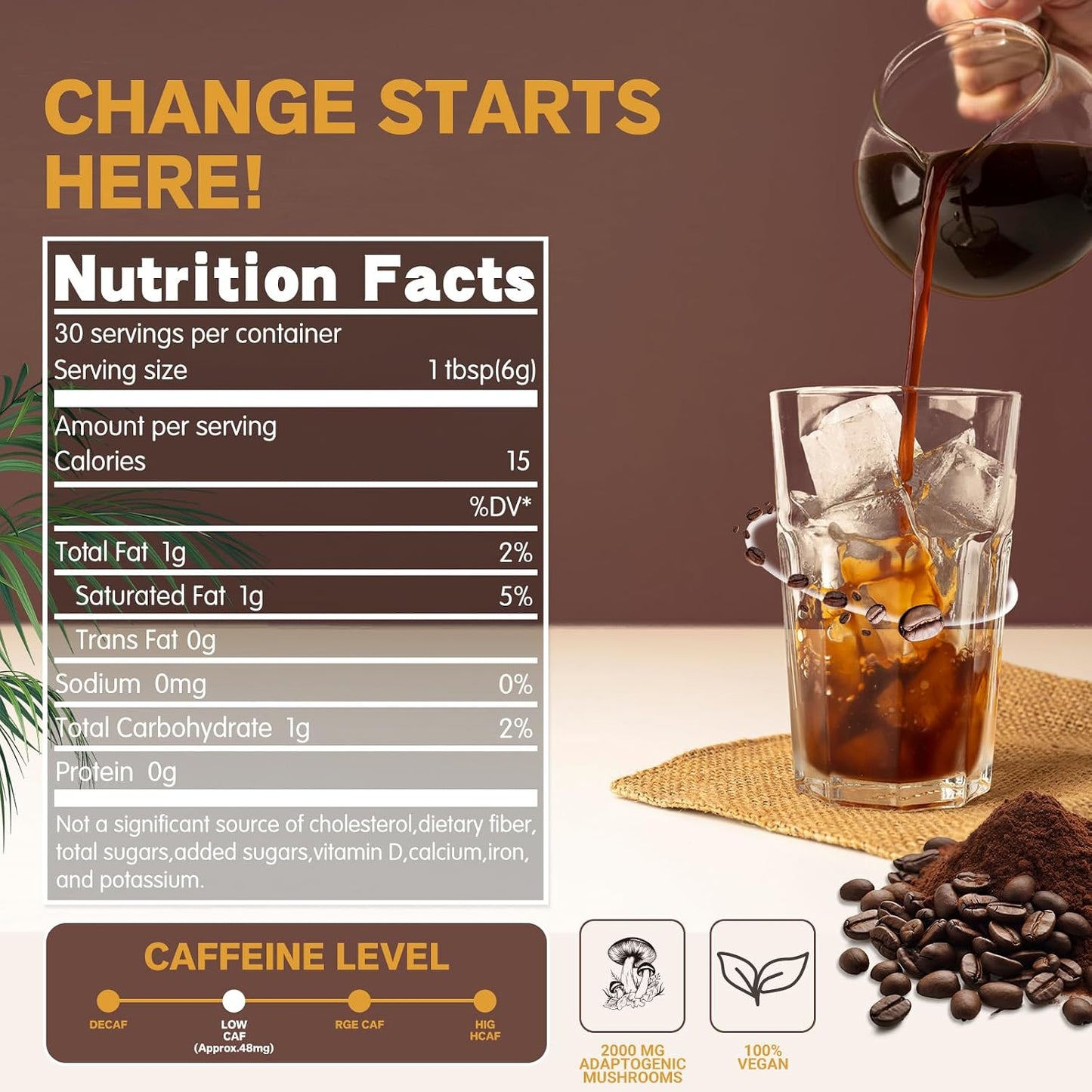 Mushroom Coffee, Instant Mushroom Coffee with 6 Mushrooms | Lion’s Mane, Cordyceps, Turkey Tail & Other for Energy, Focus, Digestion, Immunity, 30 Servings