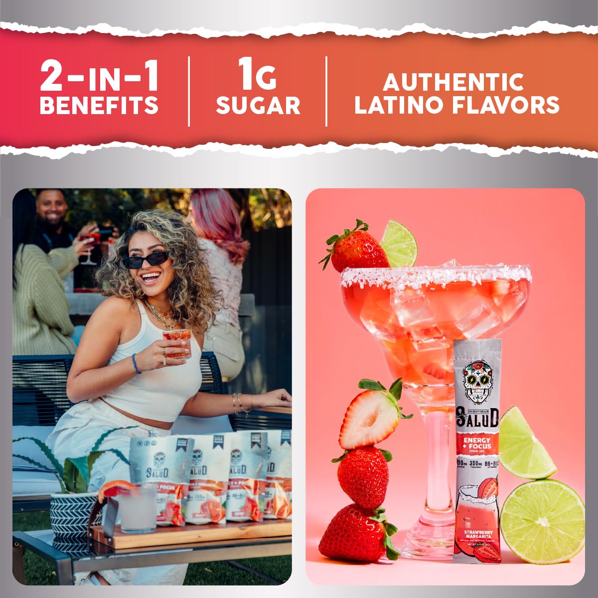 Salud 2-Pack | 2-in-1 Hydration + Immunity (Paloma) & Energy + Focus (Strawberry Margarita) – 15 Servings Each, Agua Fresca Drink Mix, Non-GMO, Gluten Free, Vegan, Low Calorie, 1g of Sugar