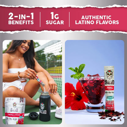 Salud 2-in-1 Energy + Focus Drink Mix, Hibiscus | Organic Caffeine, B6 + B12, Theanine, Clean Energy Packets, Agua Fresca Mix, Non-GMO, Gluten Free, 1g of Sugar (15 Servings)
