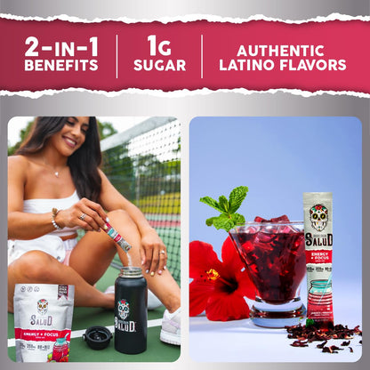 Salud 2-Pack |2-in-1 Energy + Focus (Pineapple Mango) & Energy + Focus (Hibiscus) – 15 Servings Each, Agua Fresca Drink Mix, Non-GMO, Gluten Free, Vegan, Low Calorie, 1g of Sugar