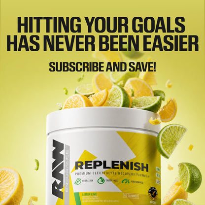 RAW Replenish, Premium Electrolytes Powder Recovery Formula, Lemon Lime (60 Servings) - Flavored Electrolyte Drink Mix Supplement for Hydration, Replenishment, Endurance & Performance Workouts