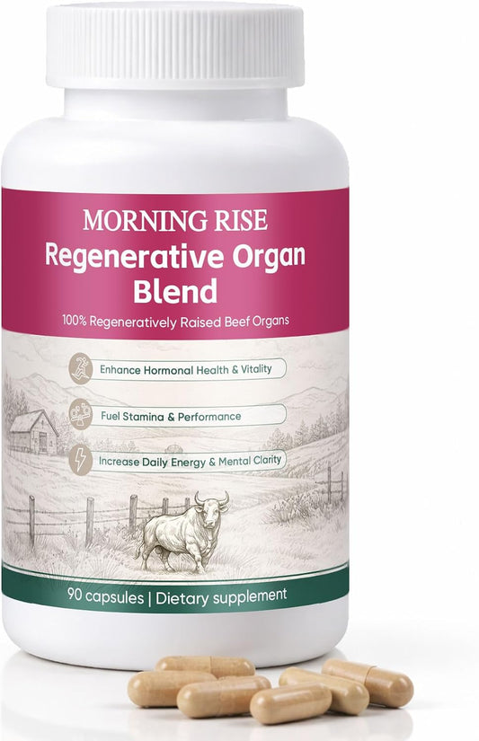 MORNING RISE Regeneratively Raised Beef Organs Capsules, Grass Fed & Pasture Raised, Gluten-Free, Non-GMO, 90 Count