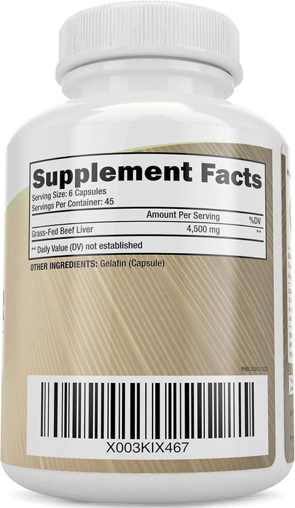 Grass Fed Beef Liver Capsules, 750mg Per Capsule, Energy Support, 270 Ct | Pasture-Raised Hormone-Free and Non-GMO Beef Liver Supplement, Desiccated Ancestral Organ Supplements for Men and Women
