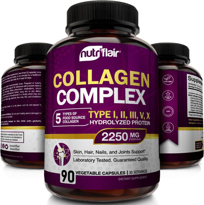 NutriFlair Multi Collagen Peptides 2250mg, 90 Capsules - Type I, II, III, V, X - Collagen Supplements Complex Powder Pills for Women and Men - Hydrolyzed Protein, Healthy Hair, Skin, Nails - Non-GMO