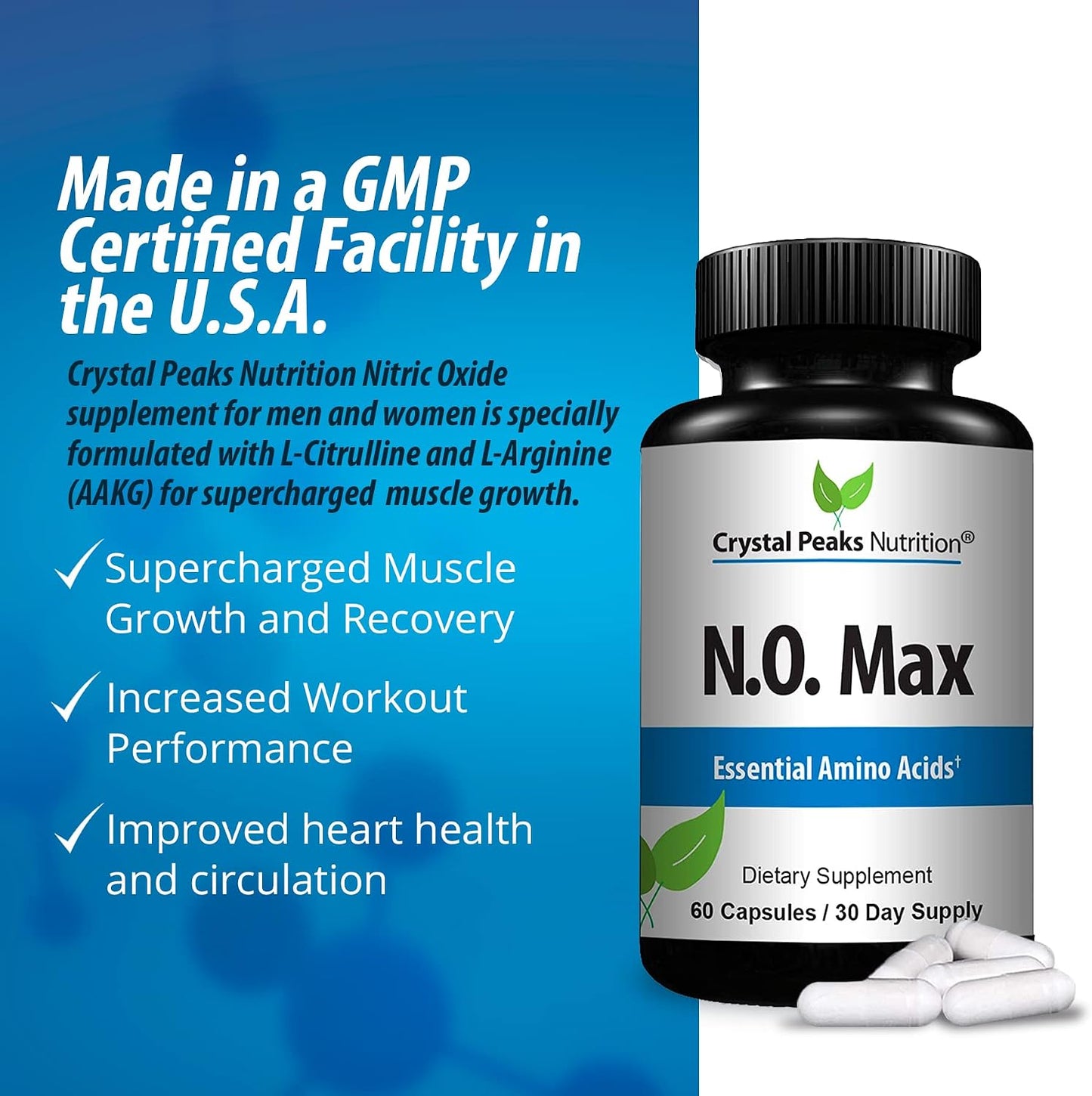 N.O. Max Nitric Oxide Supplement - L Arginine, Citrulline Malate, AAKG, Beta Alanine Amino acids - 60 Capsules