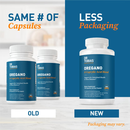 Dr. Tobias Oregano & Caprylic Acid Blend 60 Capsules | Oregano Capsules | Gut Flora Balance Complex & Intestinal Support | Oregano + Caprylic Acid | Probiotics + Enzymes | 30 Servings