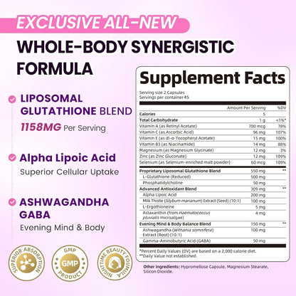Liposomal Glutathione 1158mg with Astaxanthin for Skin Health 60*2 Vegan CT | 15-in-1 with Milk Thistle, Alpha Lipoic Acid, Antioxidant Complex for Nighttime Skin Radiance, Cellular Health & Liver Detox