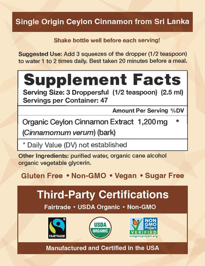 CinnaGold™ Organic Ceylon Cinnamon Liquid Extract Supplement - 4 oz | Superior Absorption & Bioavailability, USDA Certified Tincture, Non-GMO, Gluten Free, Sugar Free, Made in the USA (GMP)