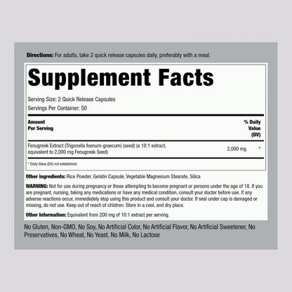 Piping Rock Fenugreek Capsules for Women | 100 Pills | Seed Extract Concentrate | Herbal Supplement | Non-GMO, Gluten Free