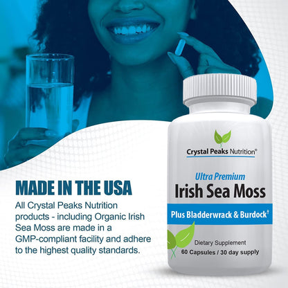 Organic Sea Moss Supplements with Bladderwrack and Burdock Root. Pure Sea Moss Supplement, Vegan, No Fillers, 60 SeaMoss Capsules with BioPerine for Maximum Benefit