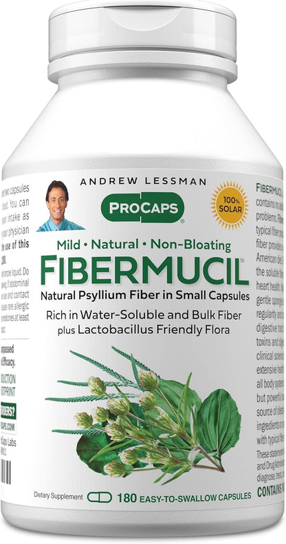 Andrew Lessman ProCaps Fibermucil Psyllium Husk Fiber 180 Capsules | Psyllium Husk Powder with Soluble & Insoluble Fiber plus Lactobacillus Sporogenes. No additives. Easy-to-swallow capsules.