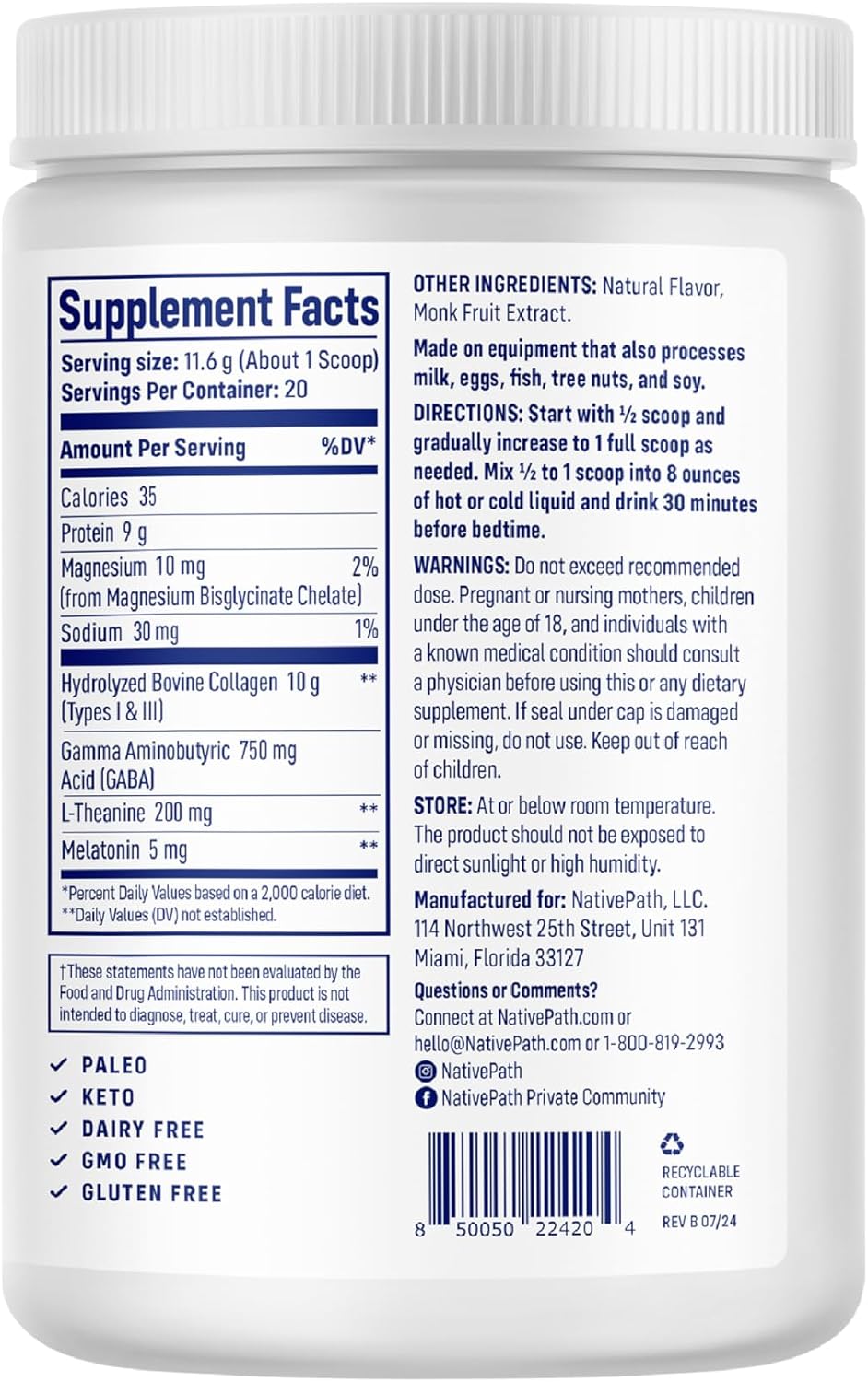 NativePath Collagen PM Lemon with Melatonin, 20 Servings | 10g Grass-Fed Peptides, Magnesium, GABA & L-Theanine, Supports Restful Sleep, Skin & Hair, No Added Sugar