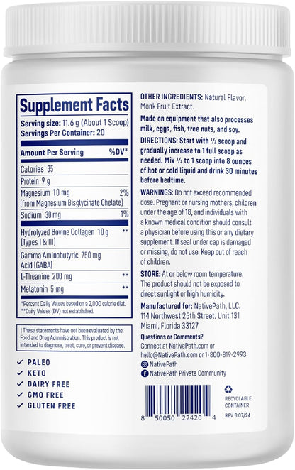 NativePath Collagen PM Lemon with Melatonin, 20 Servings | 10g Grass-Fed Peptides, Magnesium, GABA & L-Theanine, Supports Restful Sleep, Skin & Hair, No Added Sugar