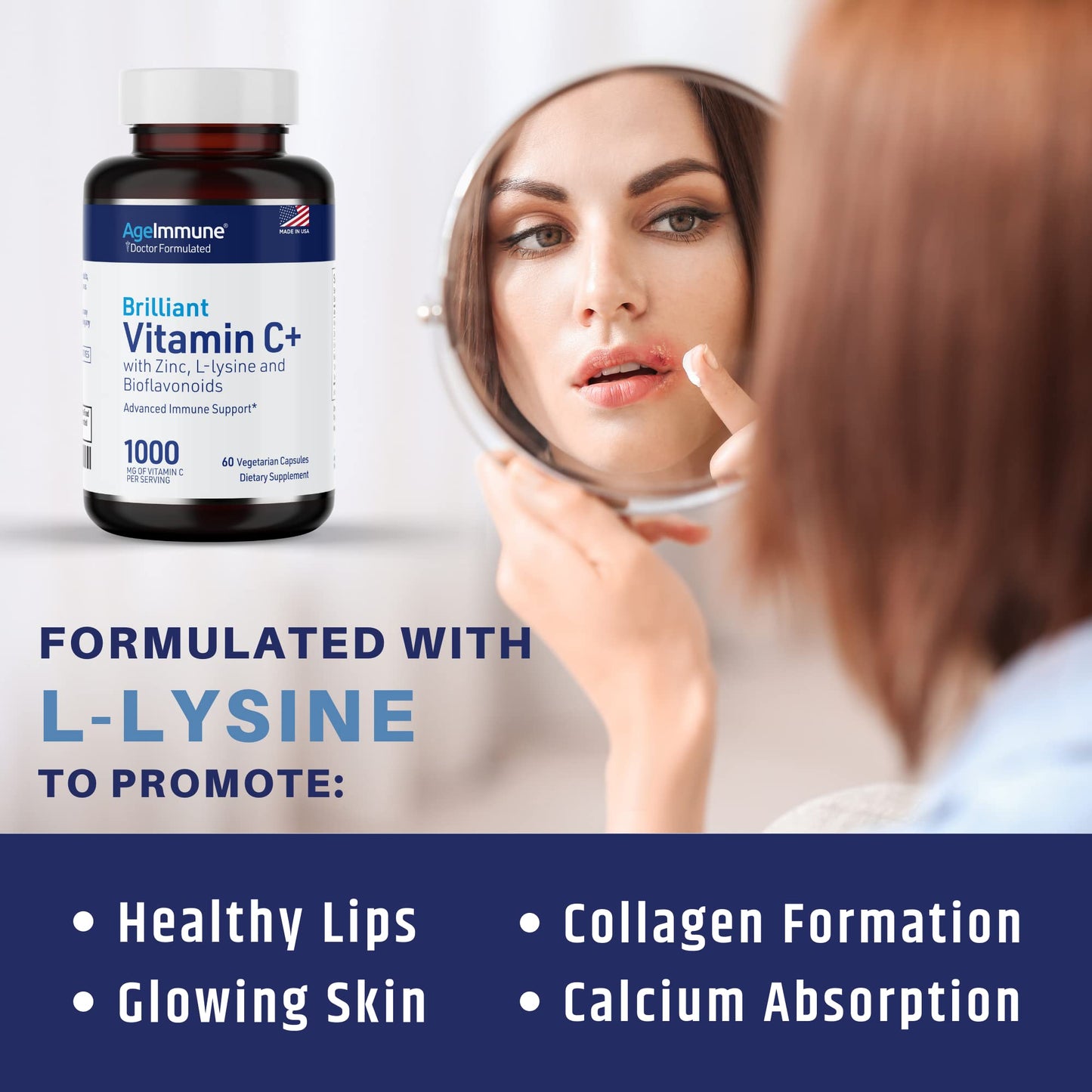 AgeImmune Vitamin C 1000mg Complex with L-Lysine 500mg, Zinc 12mg, Bioflavonoids 300mg. Doctor Formulated Magnesium Stearate Free Supplements for Healthy Immune System Support.(1)