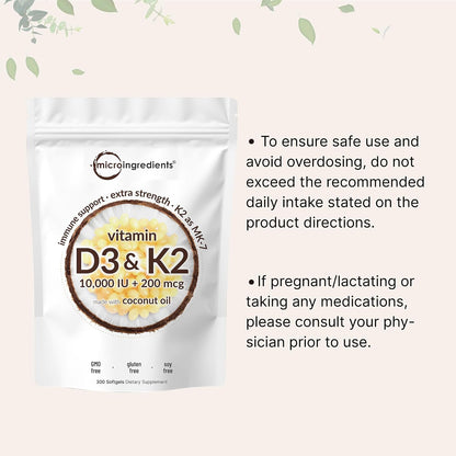 Micro Ingredients Vitamin D3 K2 MK-7 10,000 IU Per Serving, 300 Softgels | Made with Virgin Coconut Oil, K2 200 mcg Per Serving. D3 & K2 Vitamin Supplement. Easy-to-Swallow. Non-GMO, Gluten Free.