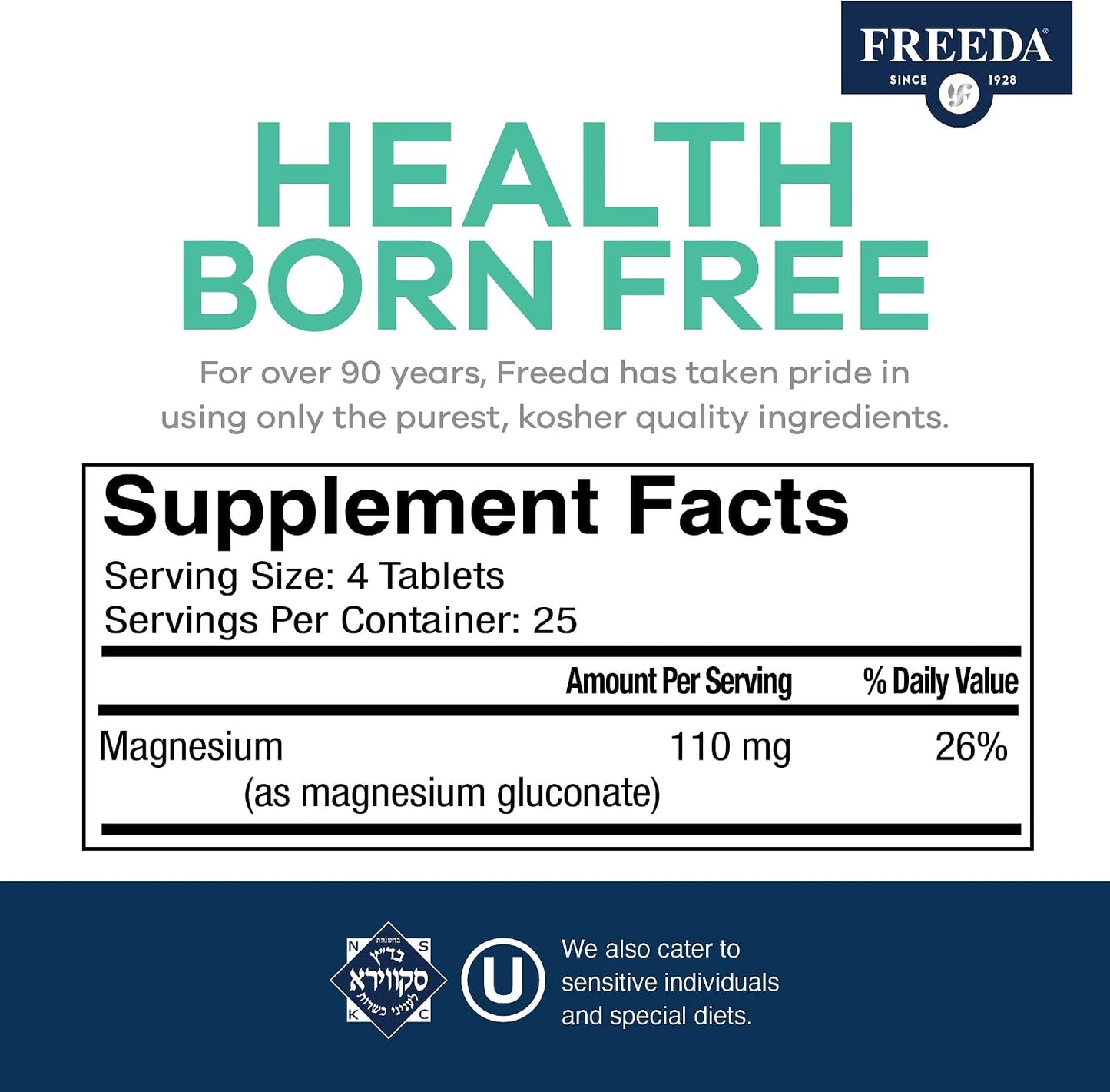 Freeda Magnesium Gluconate Vegan Supplement - 100 Tablets | Gentle and Highly Absorbable Magnesium Gluconate Supplement - Supporting Bone, Nerve & Muscle Function