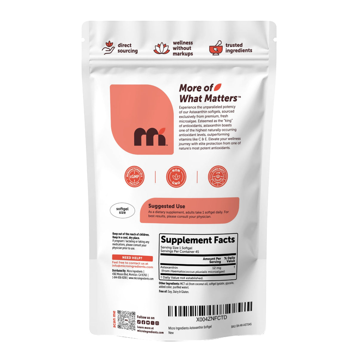 Micro Ingredients Astaxanthin 12mg Per Serving with MCT Oil, 120 Softgels | 4 Month Supply. Natural Microalgae Sourced Astaxanthin Supplement. Easy-to-Swallow. Non-GMO, Gluten Free, Soy Free.