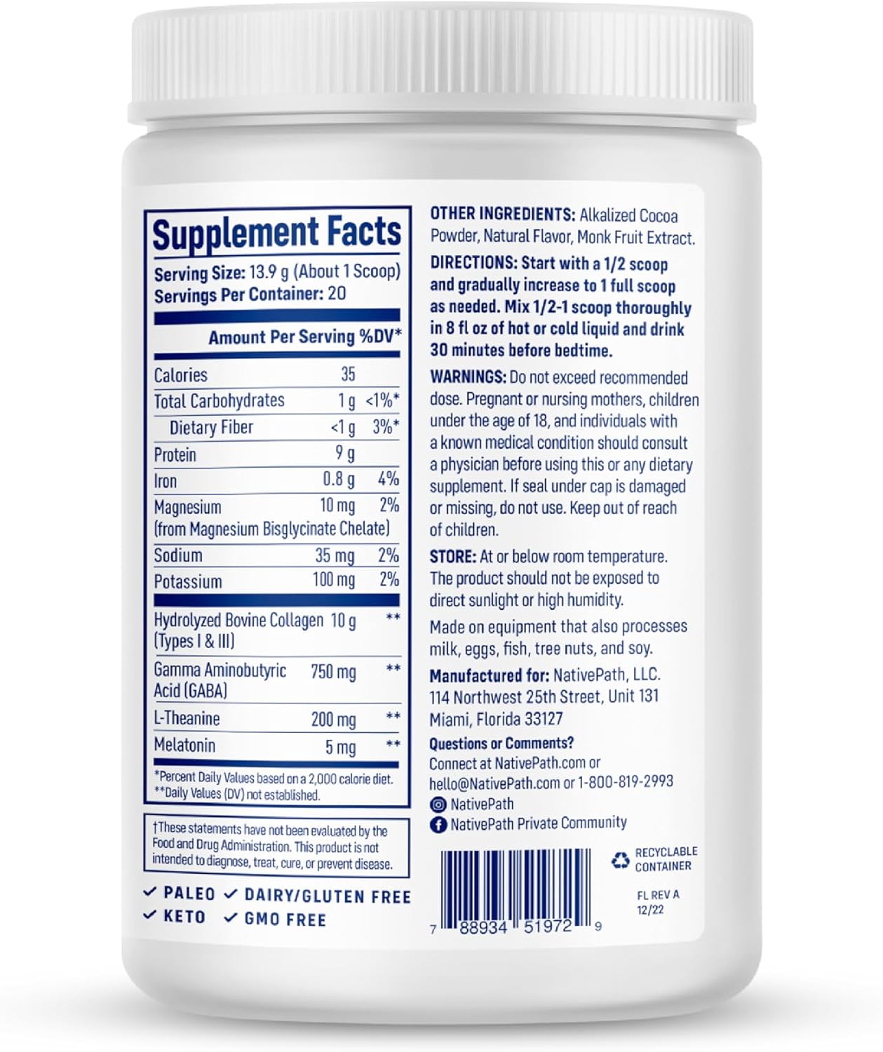 NativePath Collagen PM Chocolate with Melatonin, 20 Servings | Grass-Fed Peptides, Magnesium, GABA & L-Theanine, Supports Restful Sleep, Skin & Hair, No Added Sugar