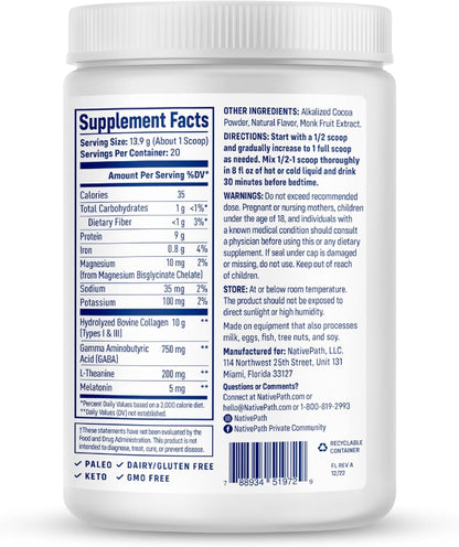 NativePath Collagen PM Chocolate with Melatonin, 20 Servings | Grass-Fed Peptides, Magnesium, GABA & L-Theanine, Supports Restful Sleep, Skin & Hair, No Added Sugar