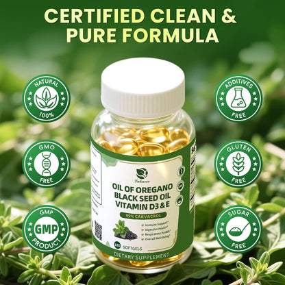 Oregano Oil Softgels with Black Seed Oil, 99% Carvacrol, 180 Ct, 3 Month | 5-in-1 with Vitamin D3 E Black Pepper, Immune, Respiratory, Digestive & Antioxidant*, Ultra-Concentrated, Easy to Swallow