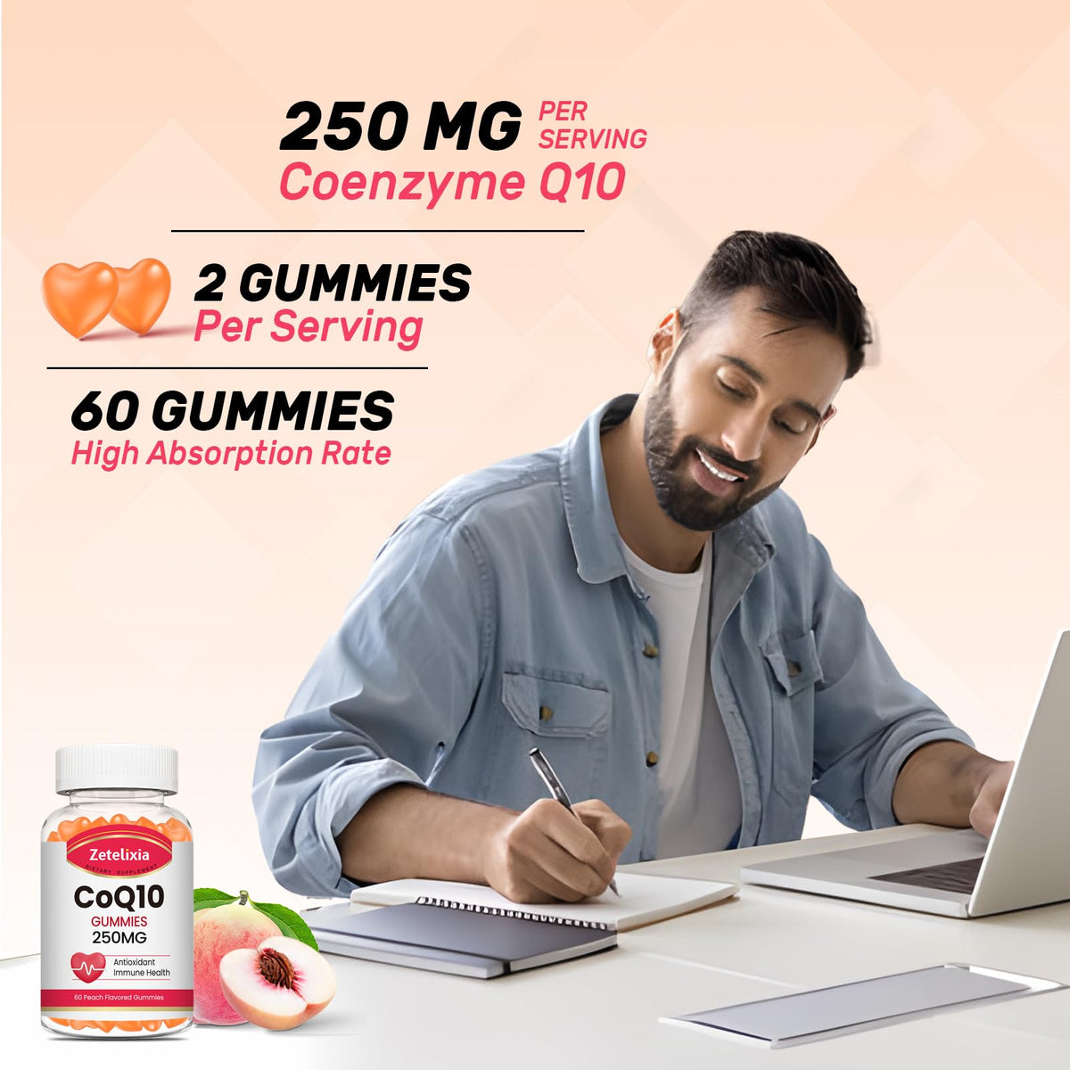 2 Pack CoQ10 Gummies, 5X Better Absorption Coenzyme Q10 for Cellular Energy and Antioxidant Support, 120 Peach Gummies