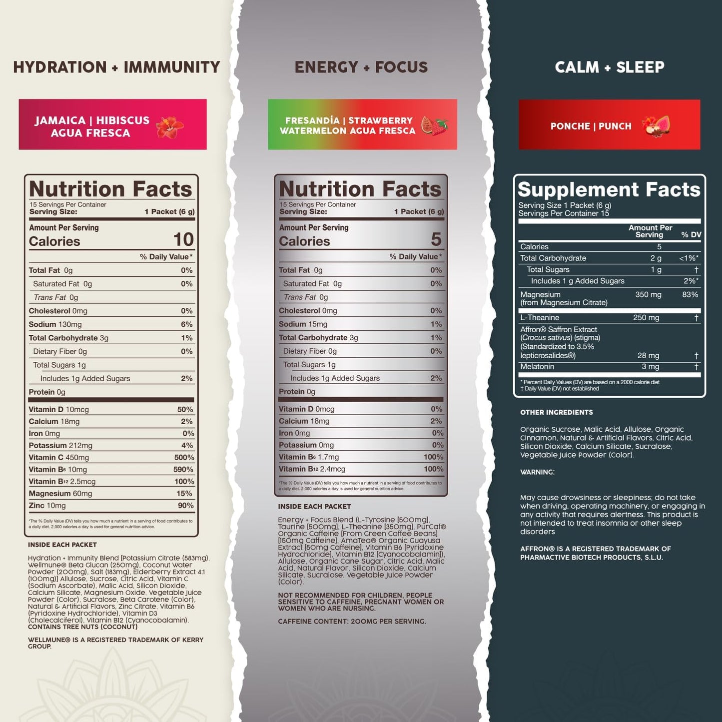 Salud Variety 3-Pack | 2-in-1 Hydration + Immunity (Hibiscus), Energy + Focus (Strawberry Watermelon) & Calm + Sleep (Punch) – 15 Servings Each, Non-GMO, Gluten Free, Low Calorie, 1g of Sugar