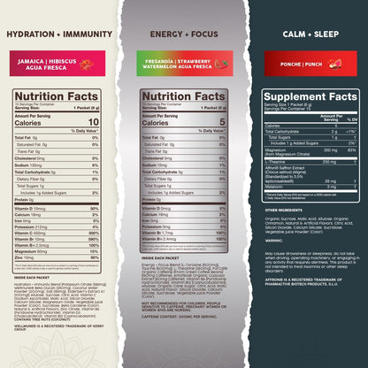 Salud Variety 3-Pack | 2-in-1 Hydration + Immunity (Hibiscus), Energy + Focus (Strawberry Watermelon) & Calm + Sleep (Punch) – 15 Servings Each, Non-GMO, Gluten Free, Low Calorie, 1g of Sugar