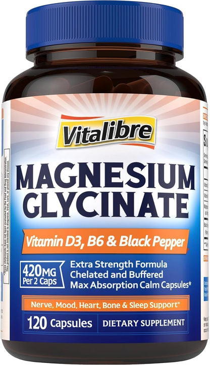 Vitalibre Magnesium Glycinate 420mg with Vitamin D3 B6, 120 Vegan Capsules | Chelated & Buffered Magnesium Supplement | High Absorption for Nerve, Bone, Heart, Mood, Sleep Support, Non-GMO
