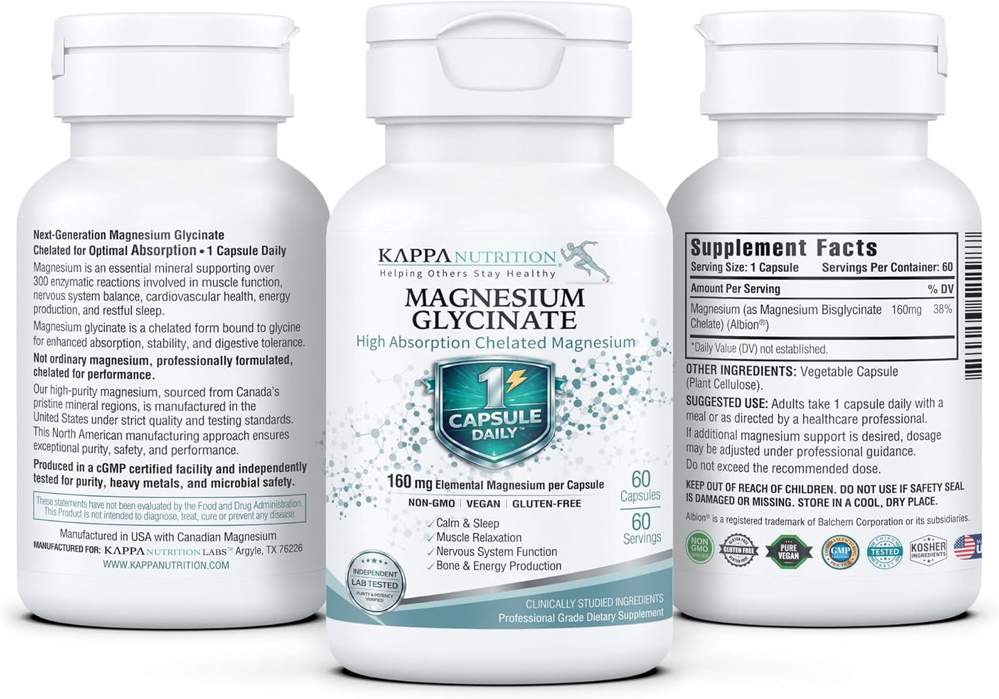 Kappa Nutrition, Magnesium Glycinate 60 Vegan Capsules, 160 mg Elemental | High-Absorption Chelated Magnesium | 1 Capsule Daily | Non-GMO, Vegan, Gluten-Free | Made in USA with Canadian Magnesium