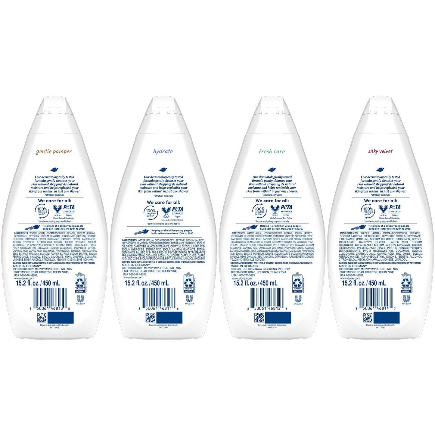 Dove Moisturizing Body Wash, Variety 6-Pack, 15.2 Oz Ea | Hydrate 2-Pack + Gentle Pamper, Fresh Care, and Silky Velvet | Moisturizing Shower Gel Liquid, Instantly Replenish Dry Skin