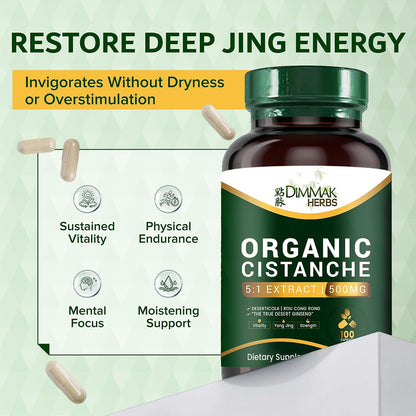 Organic Cistanche Deserticola Capsules- True Rou Cong Rong 5:1 Extract (Not Tubulosa)- High Potency Jing Tonic for Energy, Vitality, & Adrenal Support- Non-GMO, Vegan, 500mg